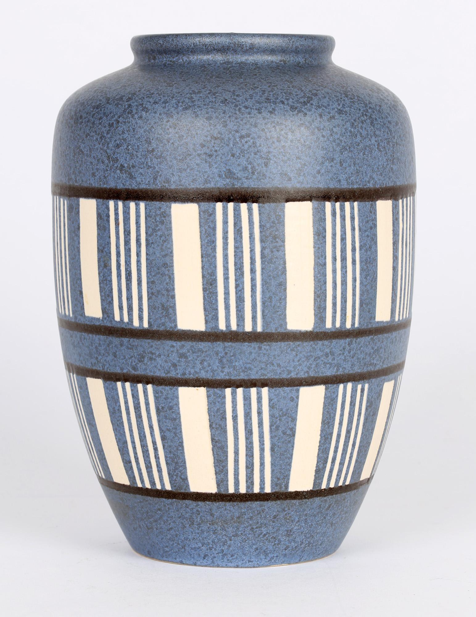 West German Mid-Century Blue Linear Patterned Art Pottery Vase 5