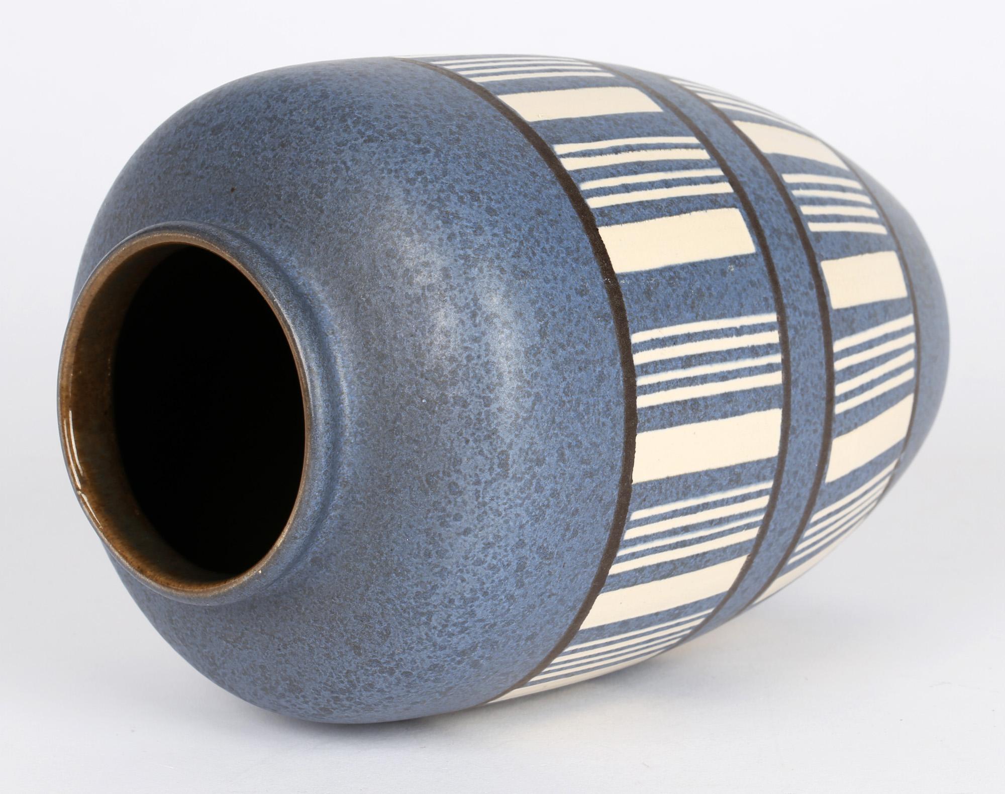 West German Mid-Century Blue Linear Patterned Art Pottery Vase 6