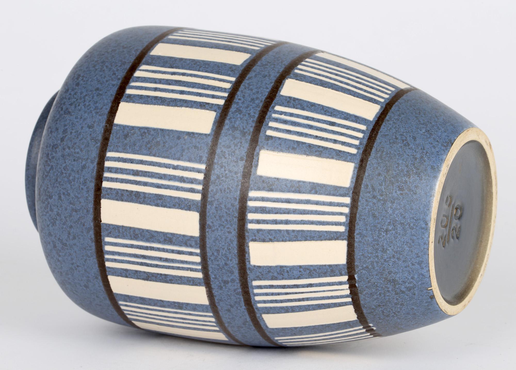 Mid-Century Modern West German Mid-Century Blue Linear Patterned Art Pottery Vase