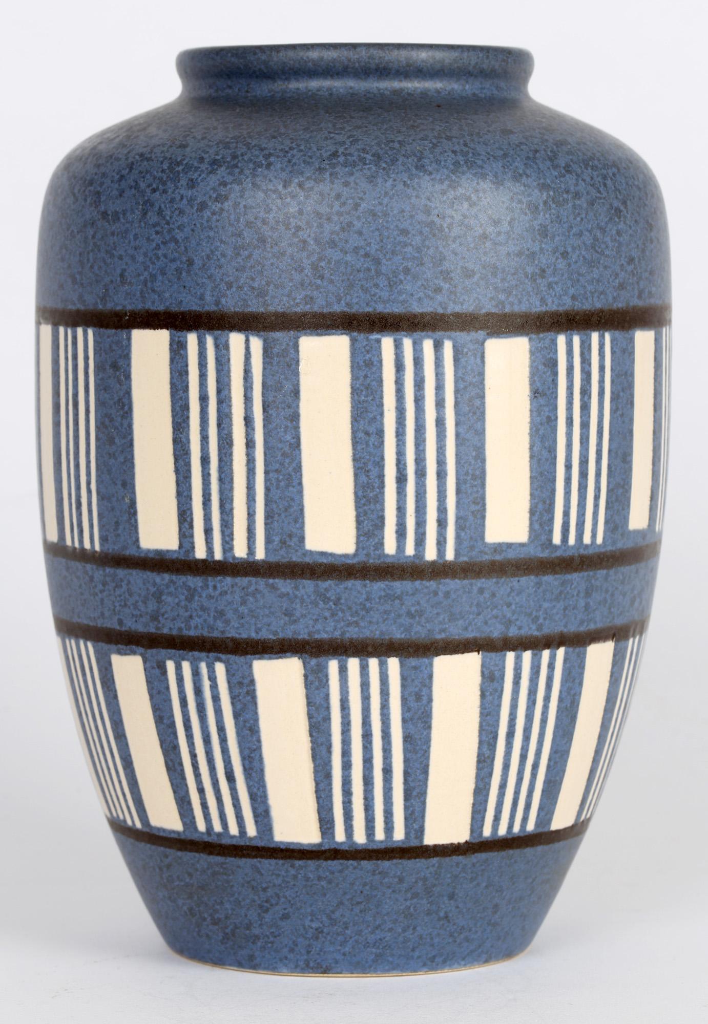 Glazed West German Mid-Century Blue Linear Patterned Art Pottery Vase