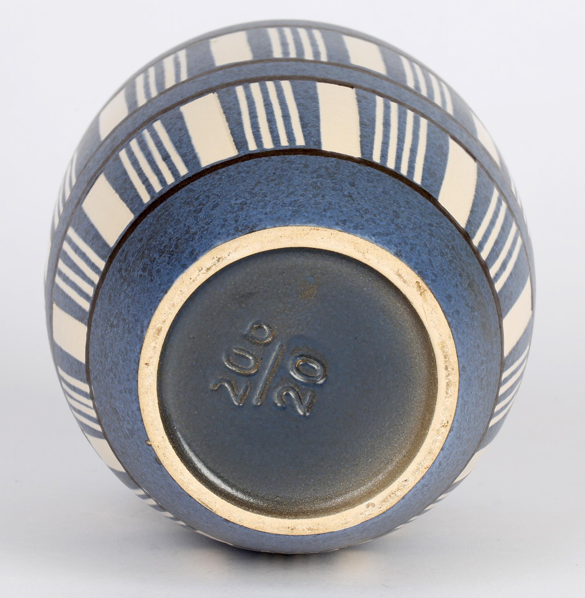 West German Mid-Century Blue Linear Patterned Art Pottery Vase In Good Condition In Bishop's Stortford, Hertfordshire