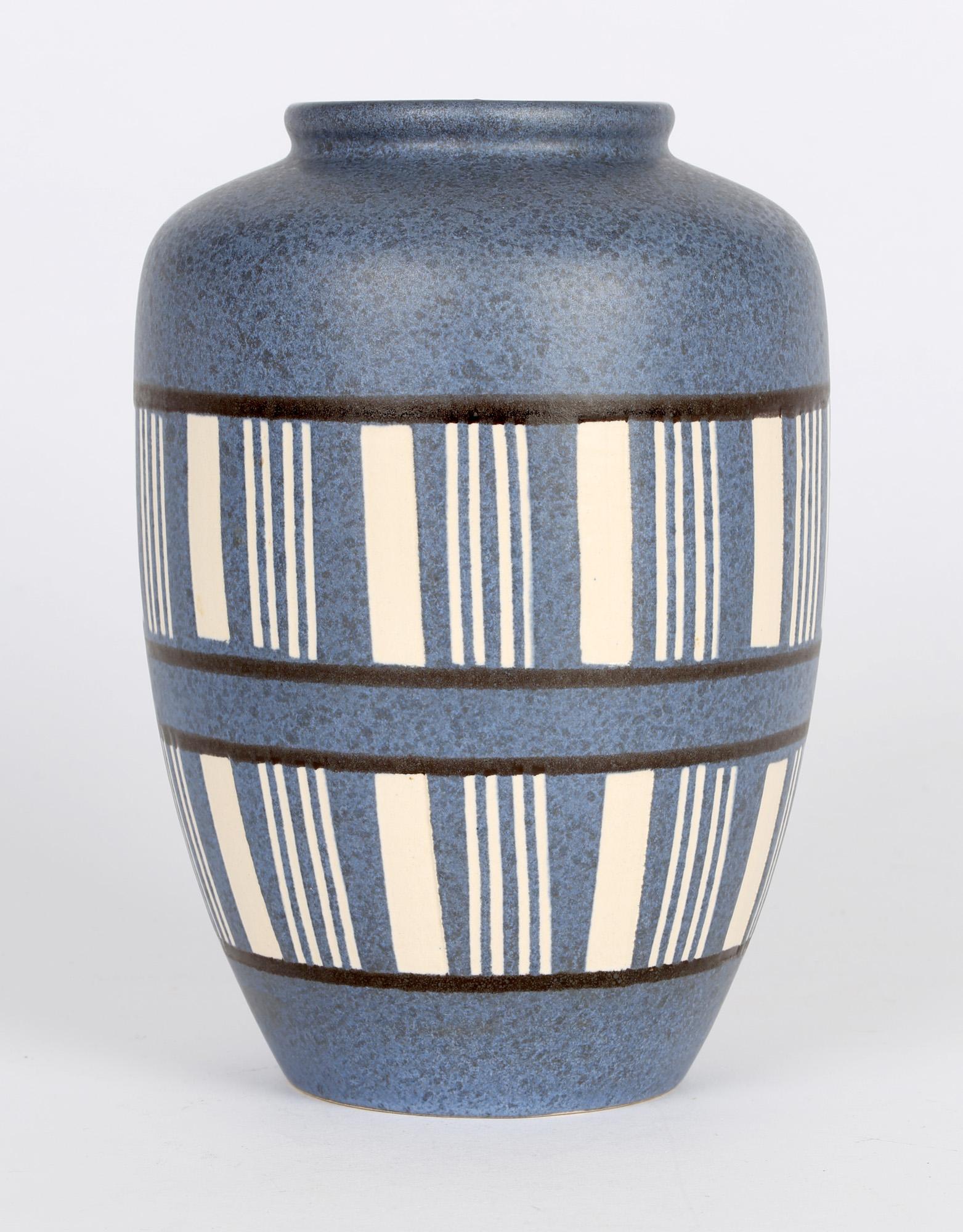 West German Mid-Century Blue Linear Patterned Art Pottery Vase 1