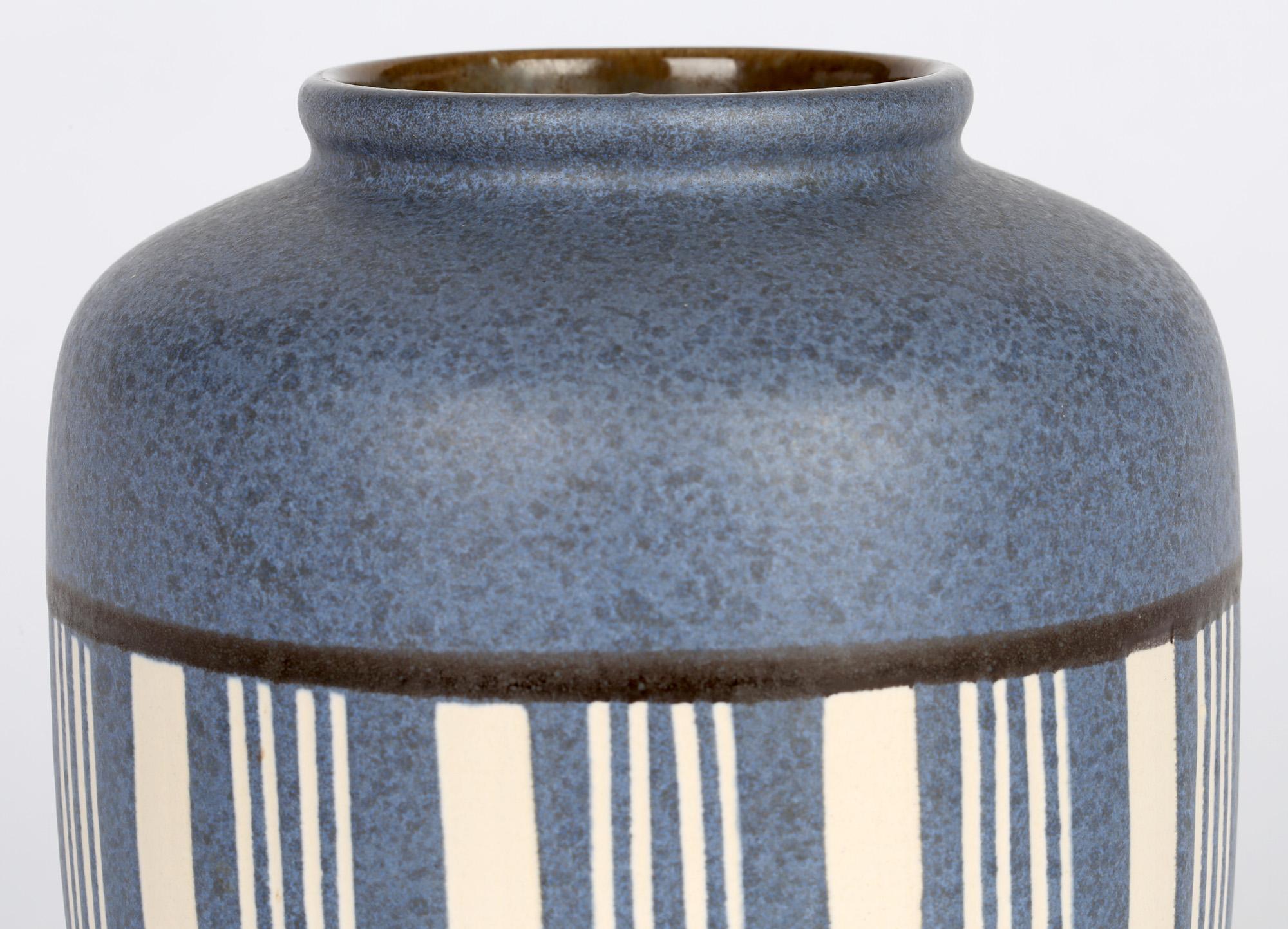 West German Mid-Century Blue Linear Patterned Art Pottery Vase 2