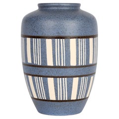 West German Mid-Century Blue Linear Patterned Art Pottery Vase