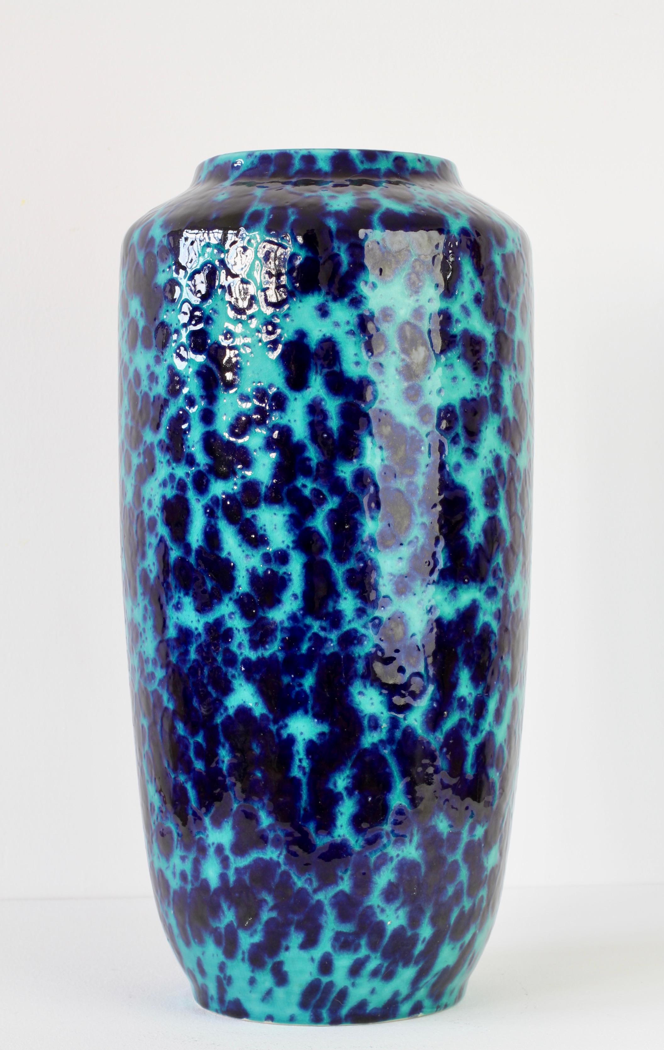 Glazed West German Mid-Century Blue & Turquoise Glaze Floor Vase by Scheurich c. 1970 For Sale