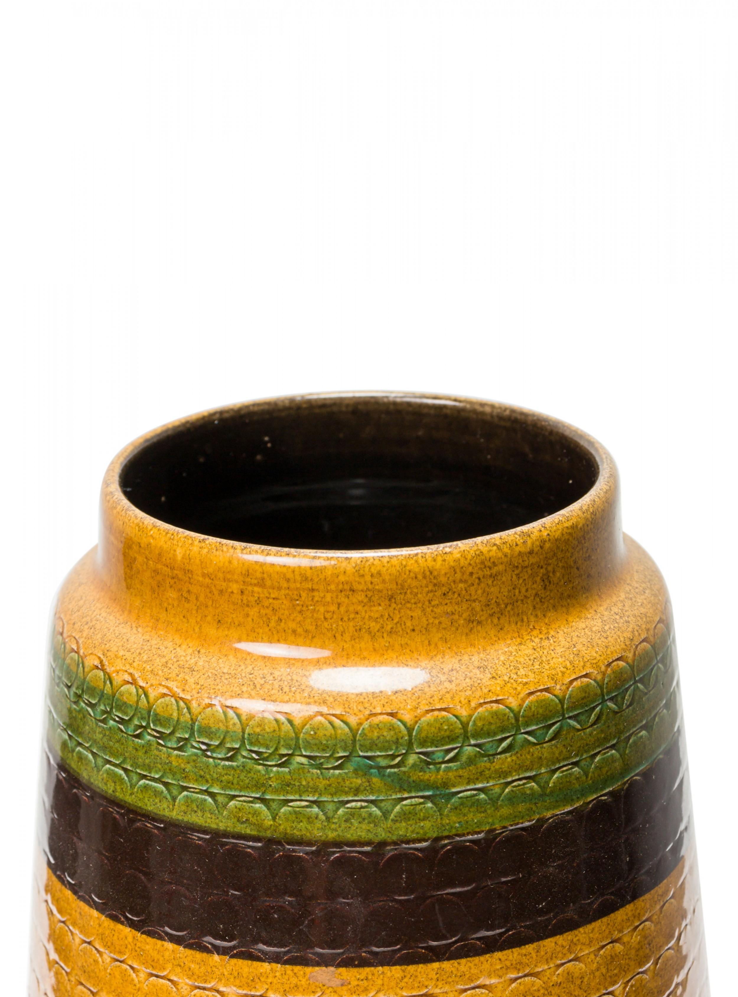 West German mid-century cylindrical ceramic vase with a gold, green, and blue horizontally striped glaze and faintly incised geometric banded pattern. (mark on bottom, WEST GERMANY 635-25).