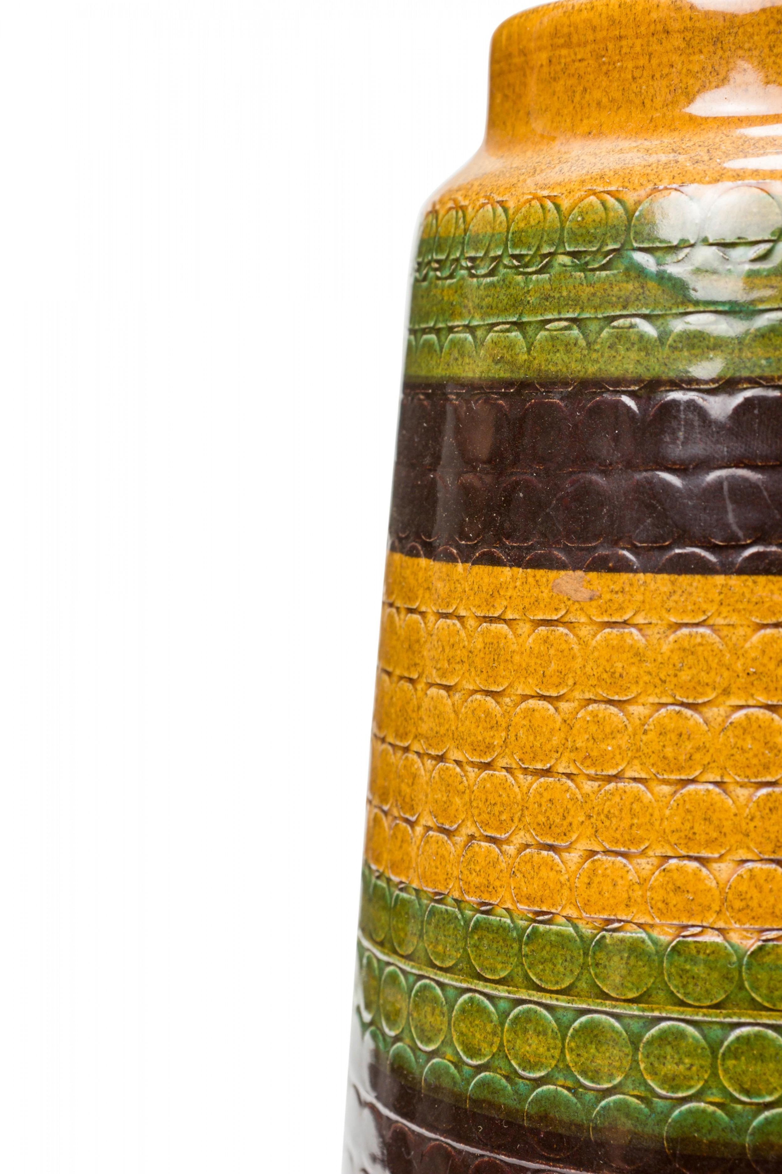 Mid-Century Modern West German Mid-Century Brown Gold and Green Striped Ceramic Vase For Sale