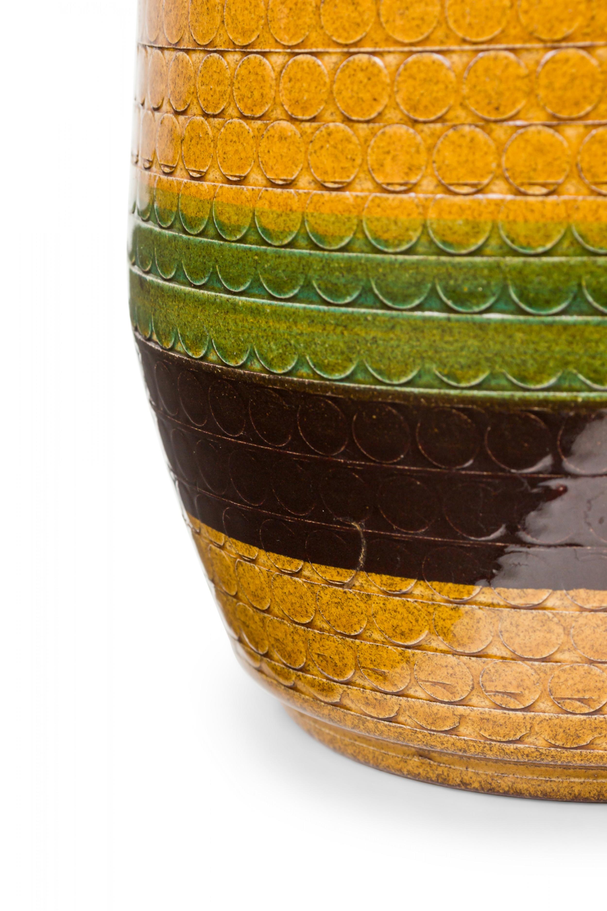 West German Mid-Century Brown Gold and Green Striped Ceramic Vase In Good Condition For Sale In New York, NY