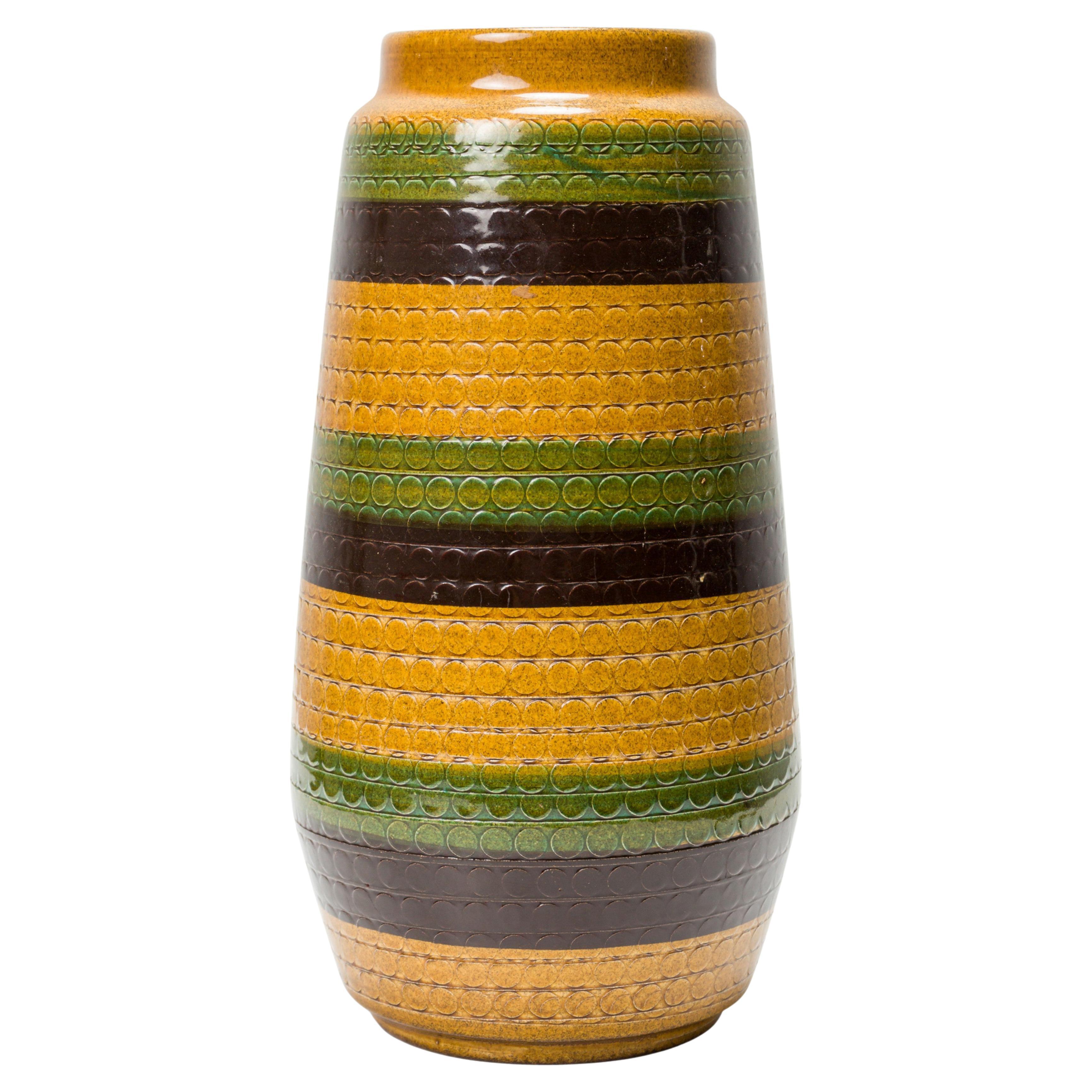 West German Mid-Century Brown Gold and Green Striped Ceramic Vase For Sale