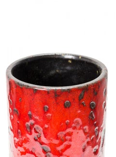 West German Mid-Century Cylindrical Black and Red Fat Lava Glazed Ceramic Vase