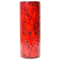 West German Mid-Century Cylindrical Black and Red Fat Lava Glazed Ceramic Vase