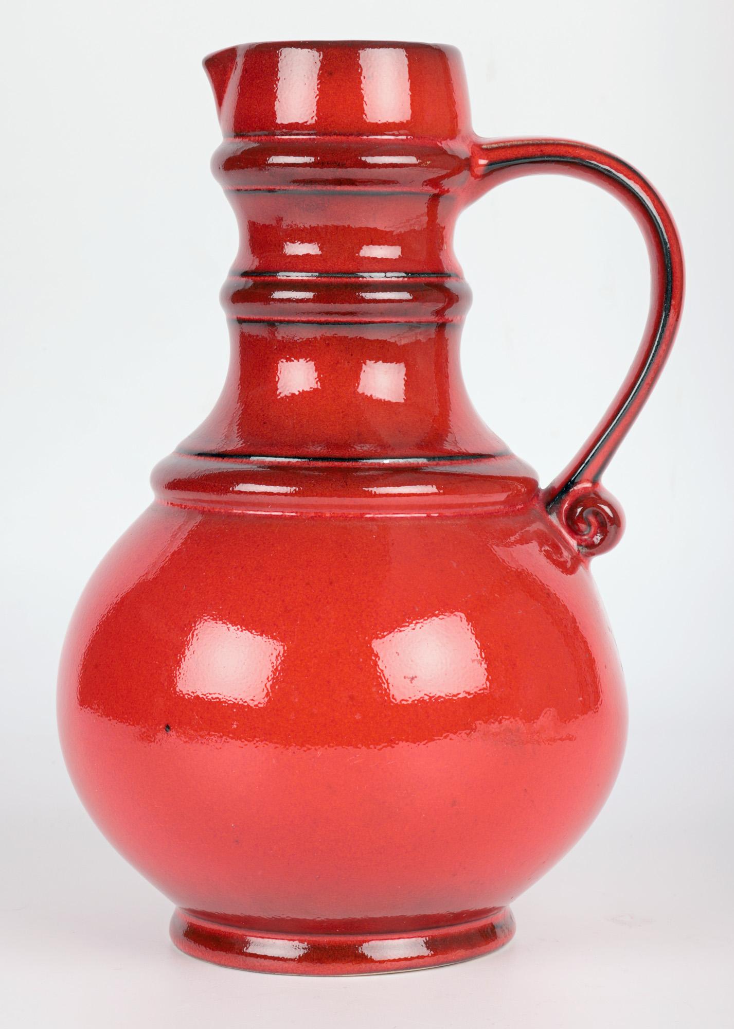 West German Mid-Century Pottery Red Lava Glazed Pitcher Vase For Sale 3
