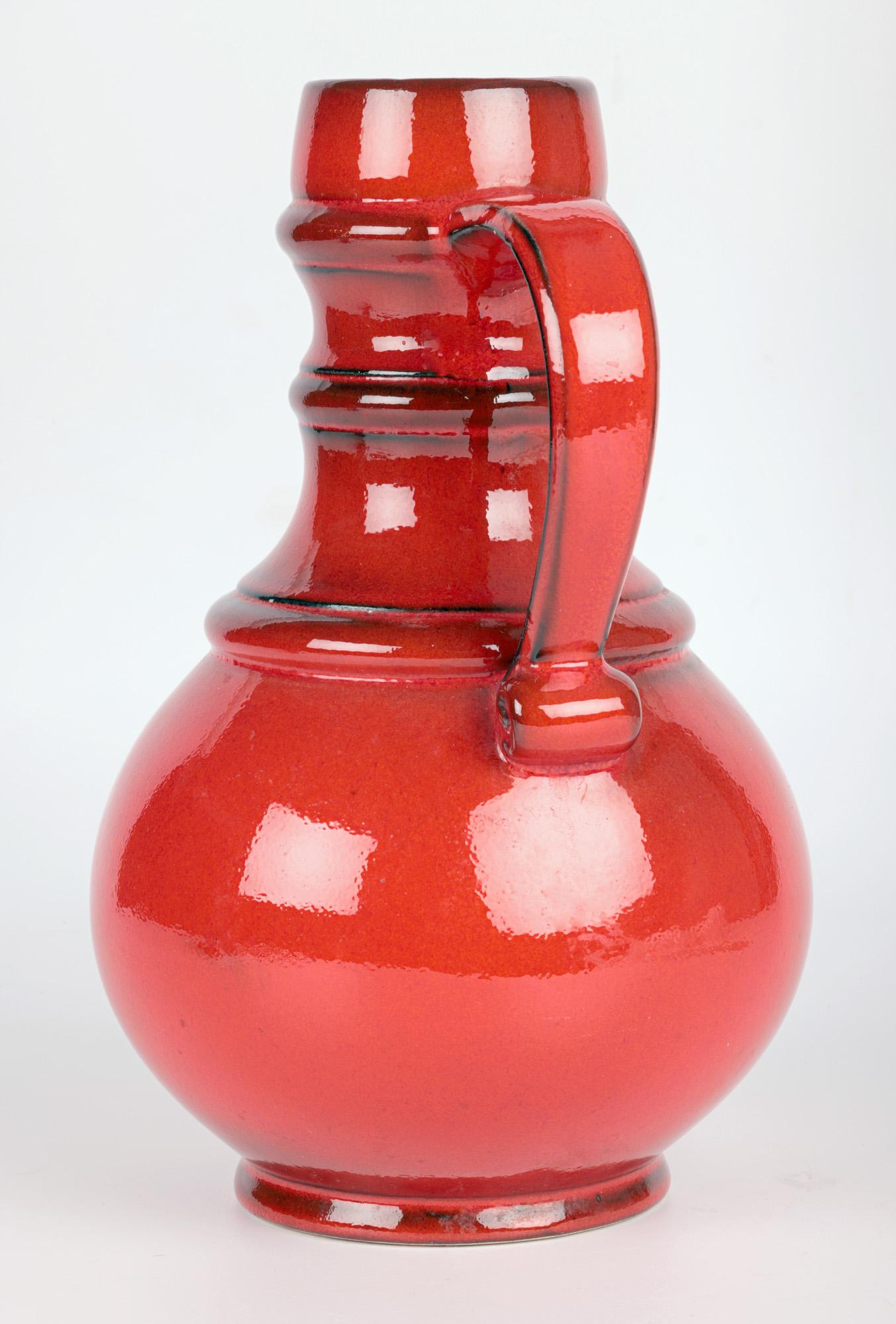 West German Mid-Century Pottery Red Lava Glazed Pitcher Vase For Sale 5