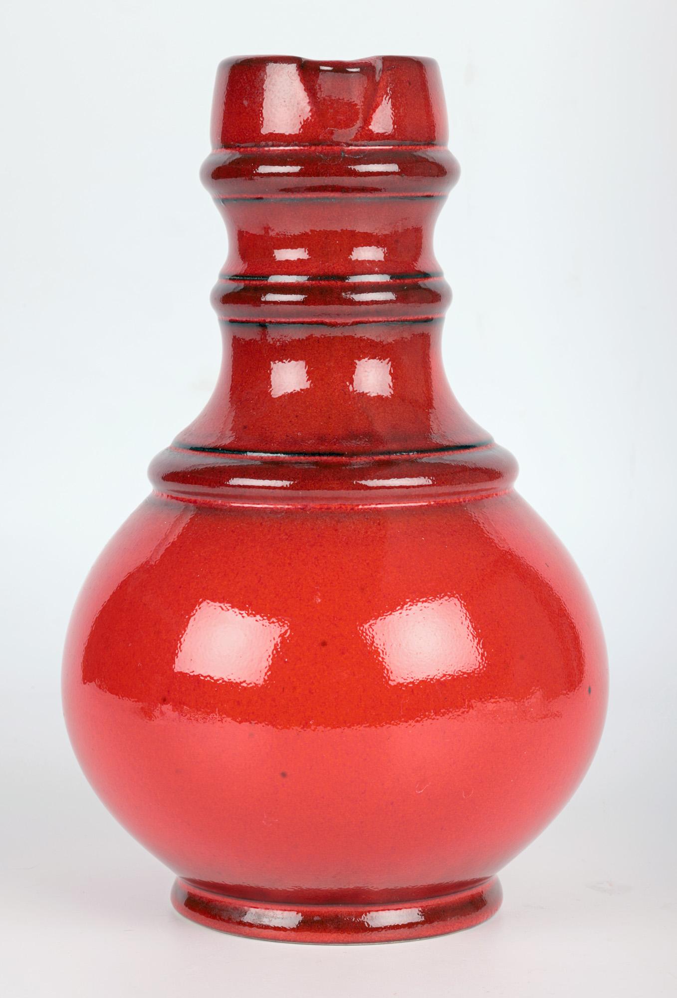 West German Mid-Century Pottery Red Lava Glazed Pitcher Vase For Sale 8