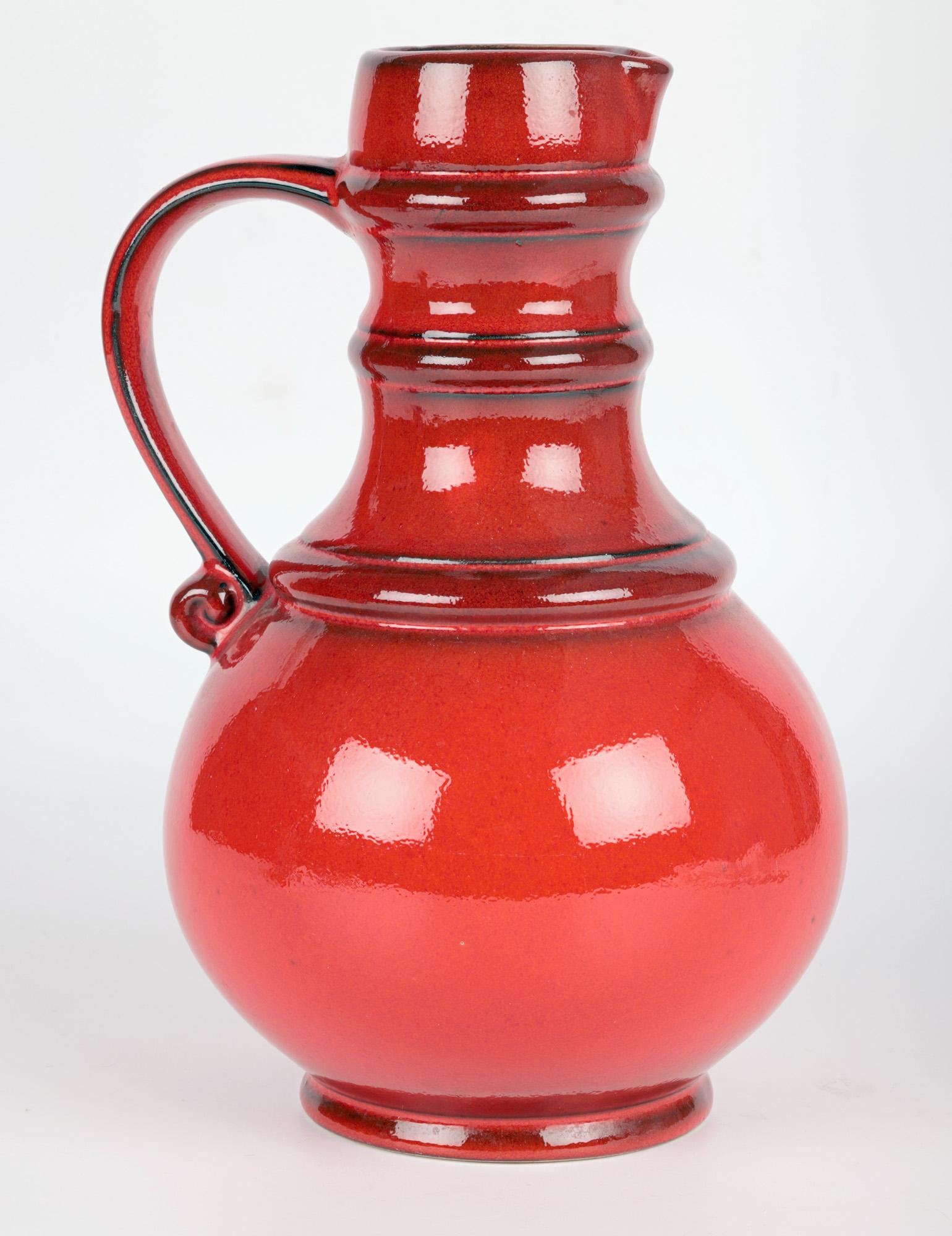 West German Mid-Century Pottery Red Lava Glazed Pitcher Vase For Sale 11