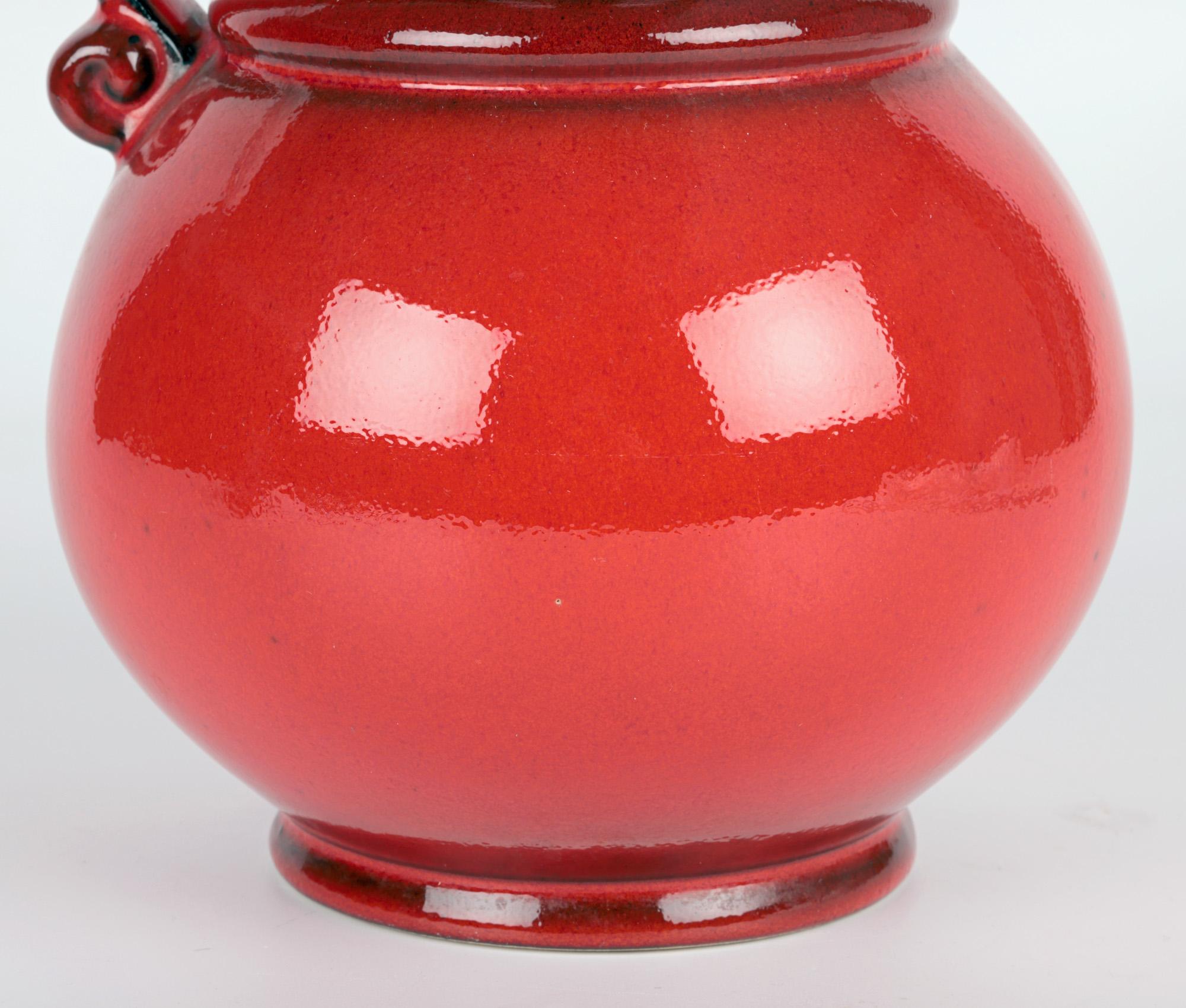 Mid-Century Modern West German Mid-Century Pottery Red Lava Glazed Pitcher Vase For Sale
