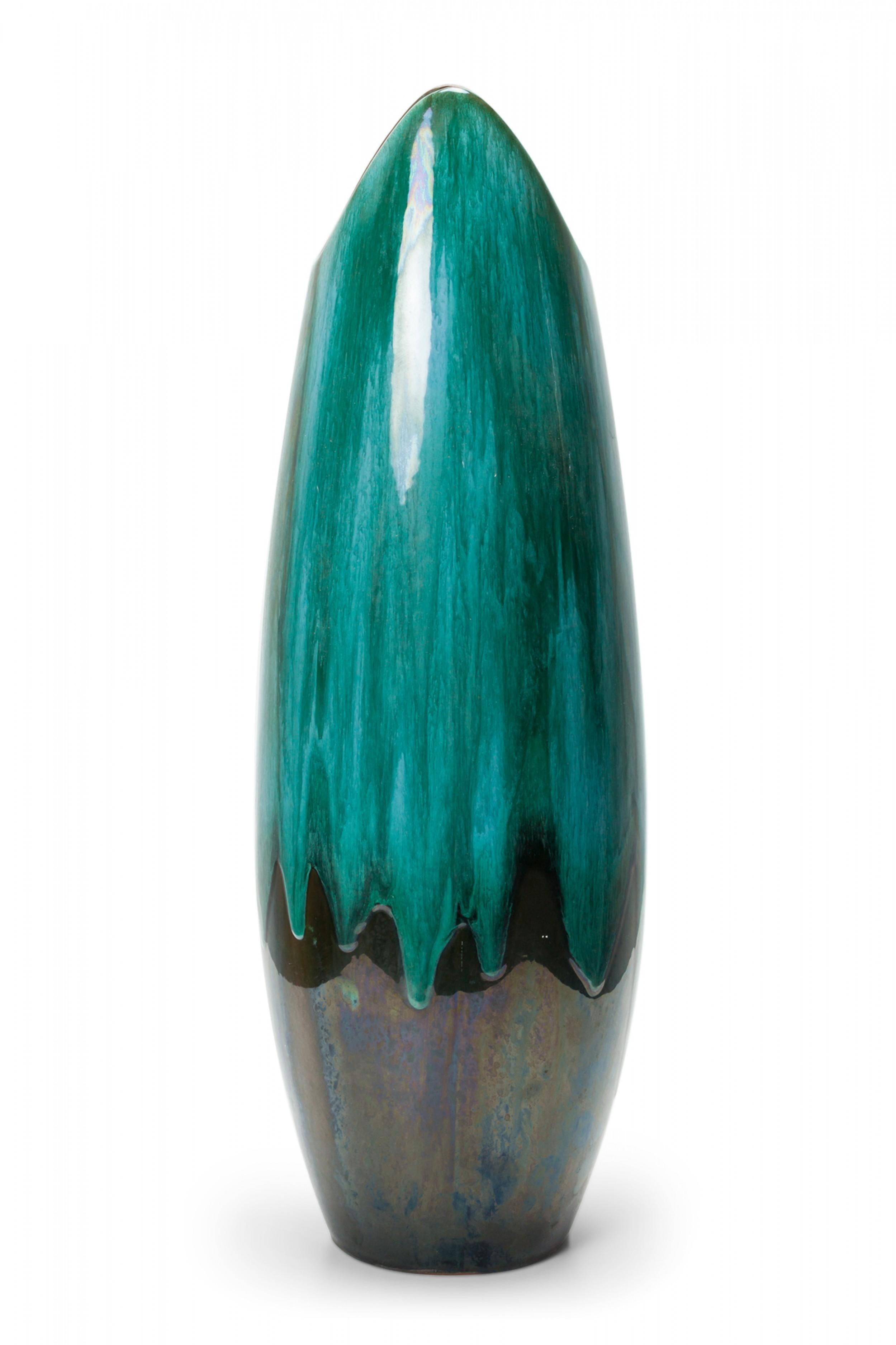 Mid-Century Modern West German Mid-Century Tapered Scooped Rim Multi-Tonal Green Ceramic Vase For Sale