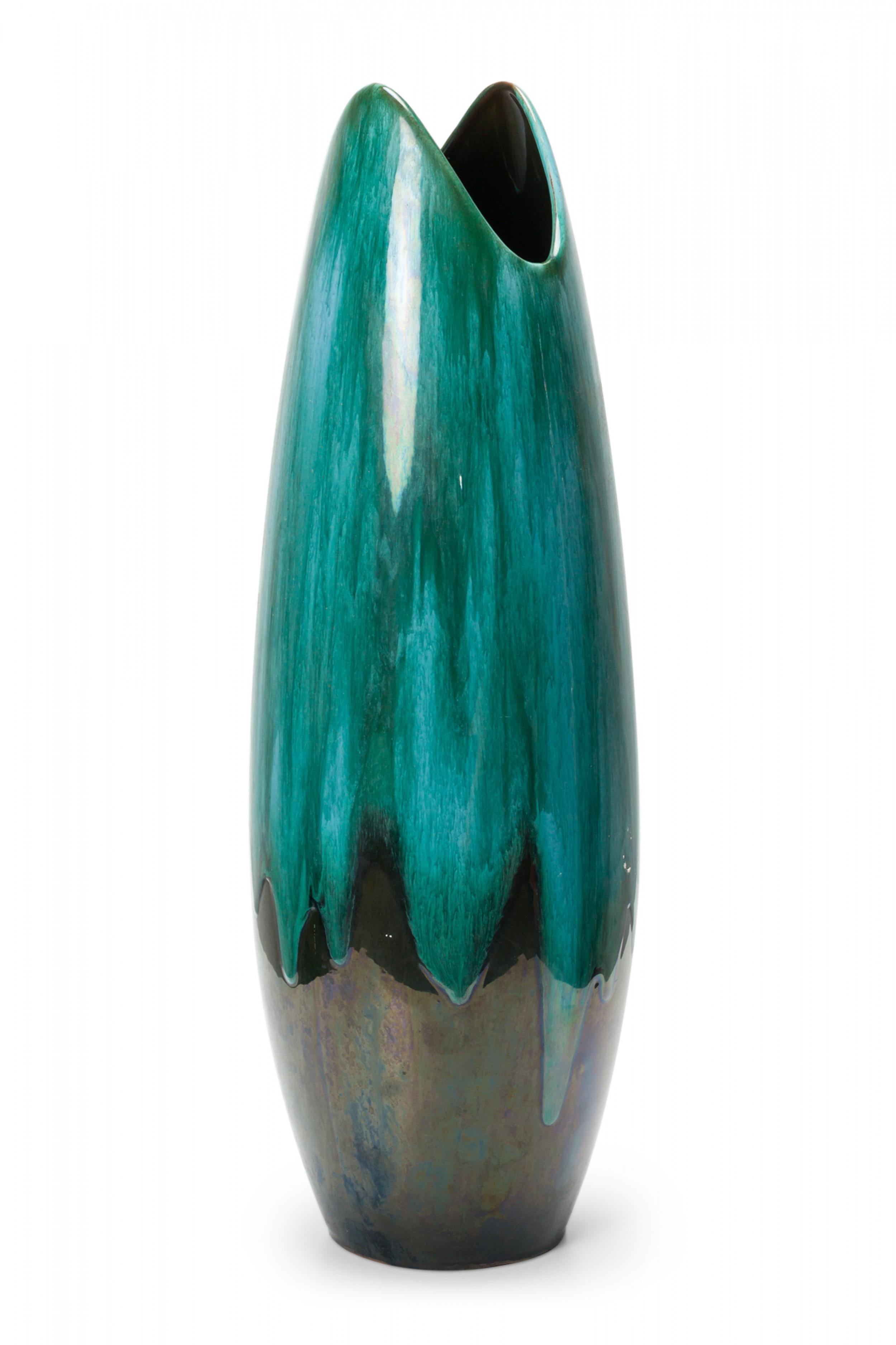 West German Mid-Century Tapered Scooped Rim Multi-Tonal Green Ceramic Vase In Good Condition For Sale In New York, NY