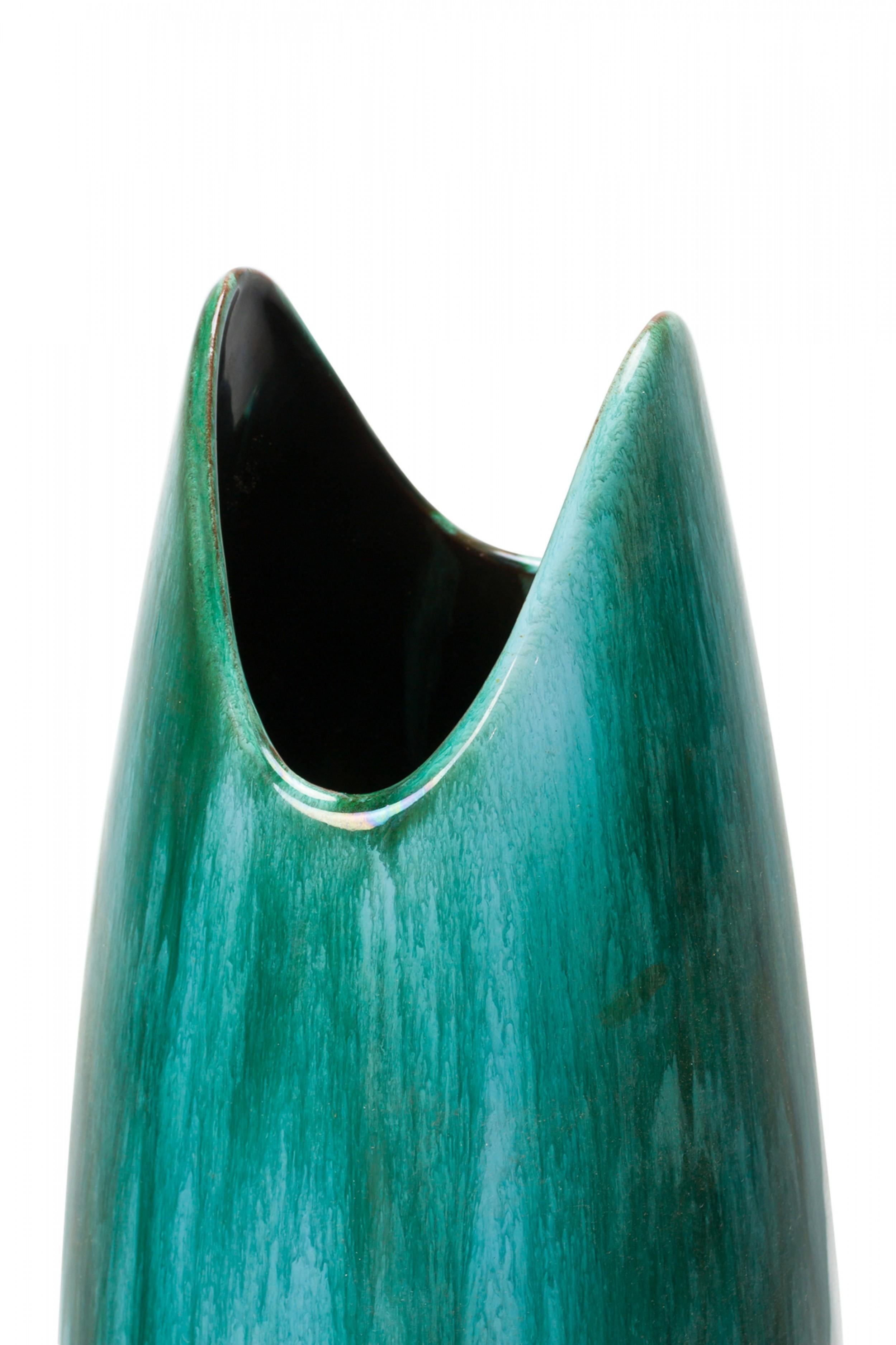 West German Mid-Century Tapered Scooped Rim Multi-Tonal Green Ceramic Vase For Sale 1