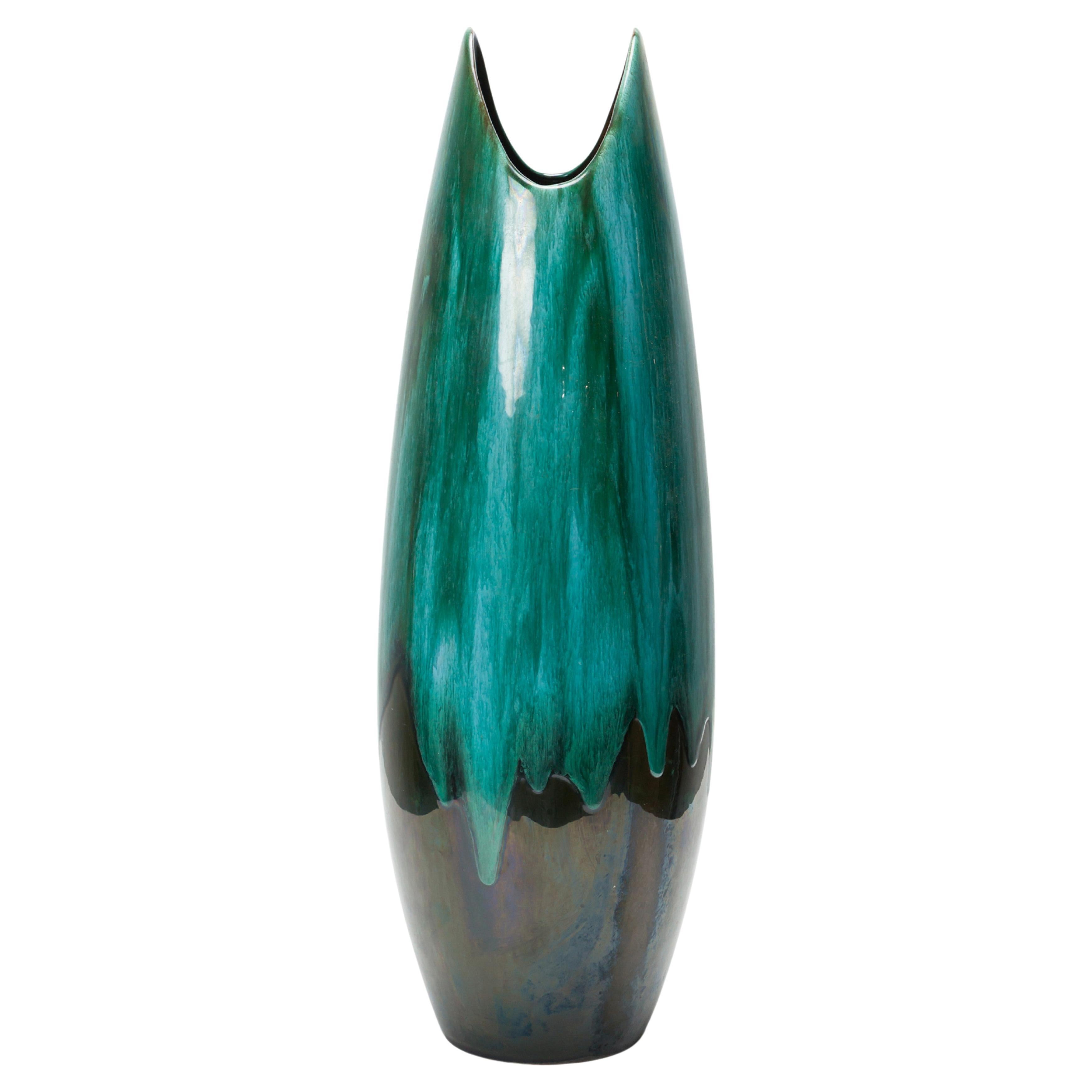 West German Mid-Century Tapered Scooped Rim Multi-Tonal Green Ceramic Vase