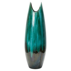 Vintage West German Mid-Century Tapered Scooped Rim Multi-Tonal Green Ceramic Vase