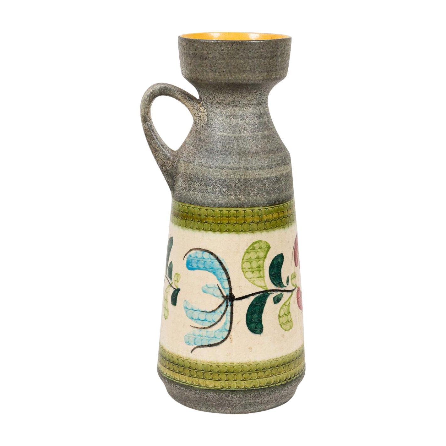 West German Mid-Century Yellow and Floral Design Banded Gray Glazed Ceramic Vase For Sale