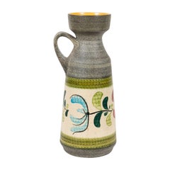 West German Mid-Century Yellow and Floral Design Banded Gray Glazed Ceramic Vase