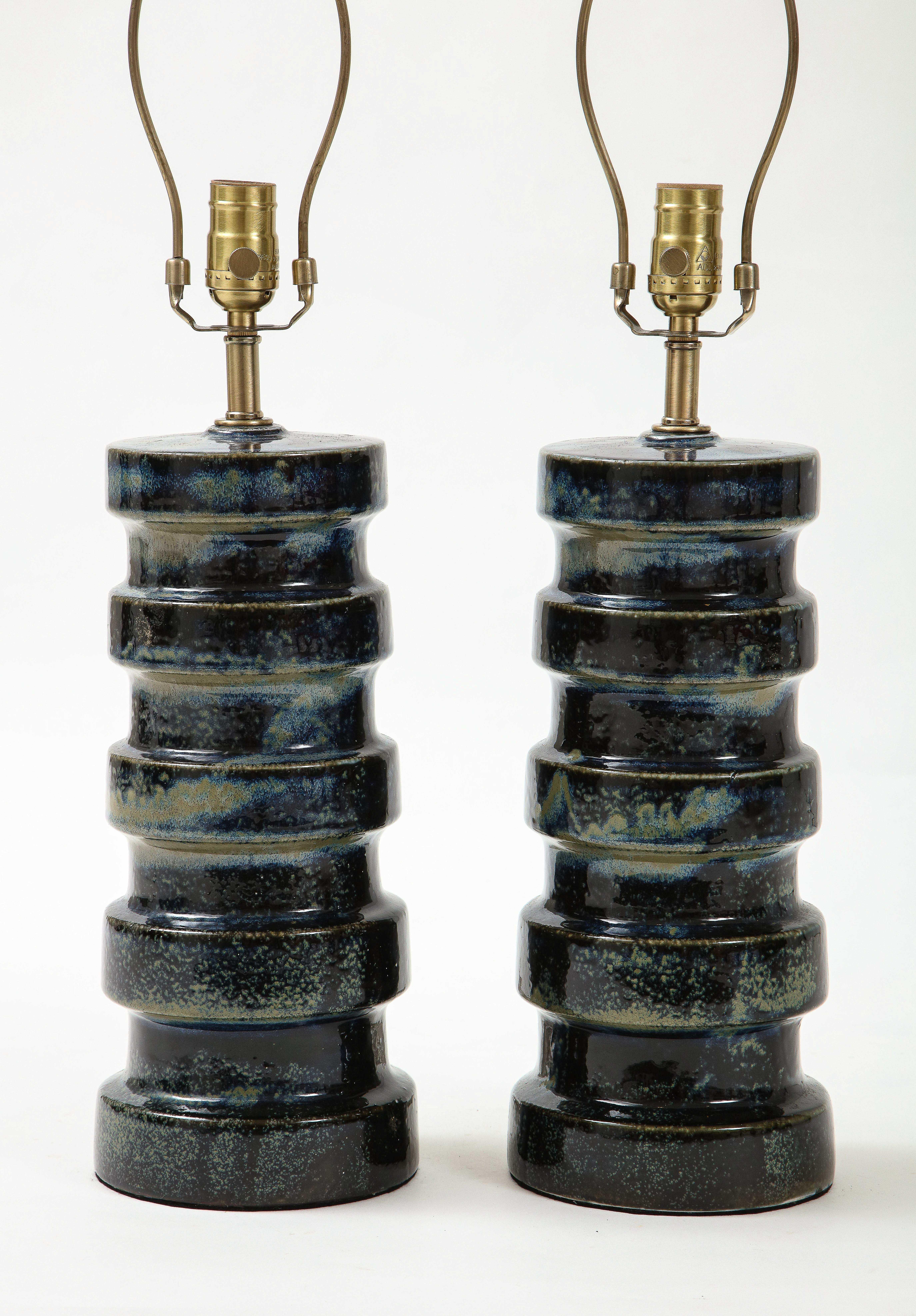 Mid-Century Modern West German Navy Blue, Tan Ceramic Totem Lamps