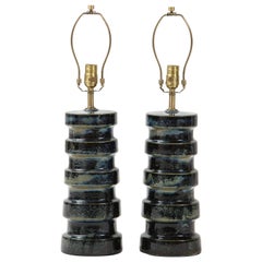 West German Navy Blue, Tan Ceramic Totem Lamps