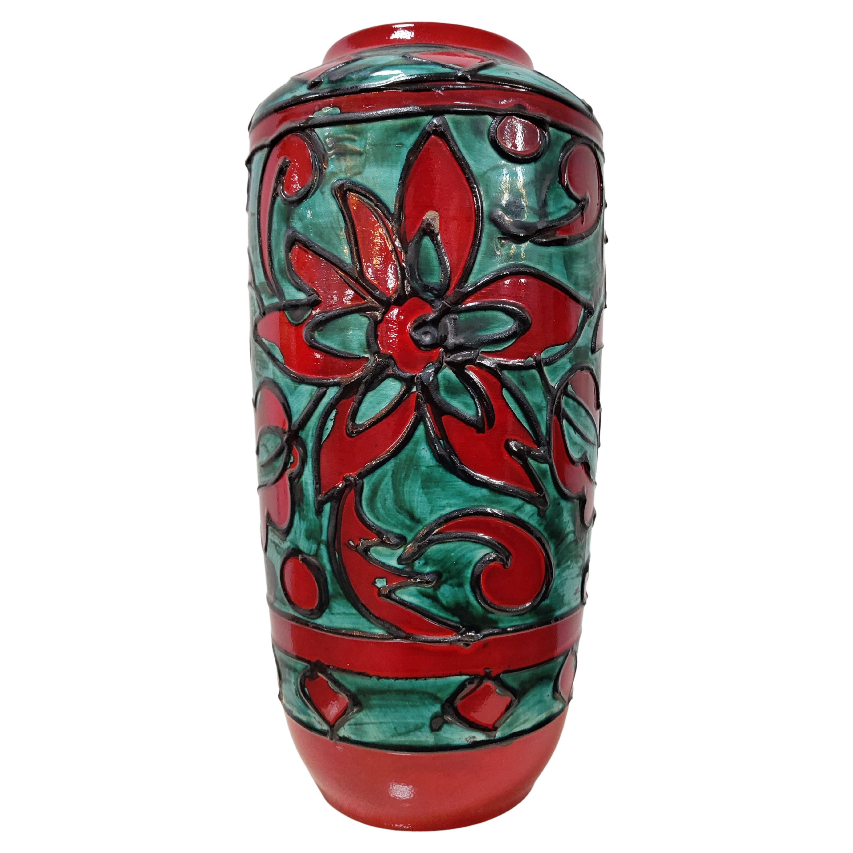 West German Pottery Floor Vase in Red and Green by Scheurich, Germany, 1960s For Sale