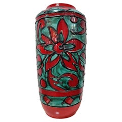 Vintage West German Pottery Floor Vase in Red and Green by Scheurich, Germany, 1960s