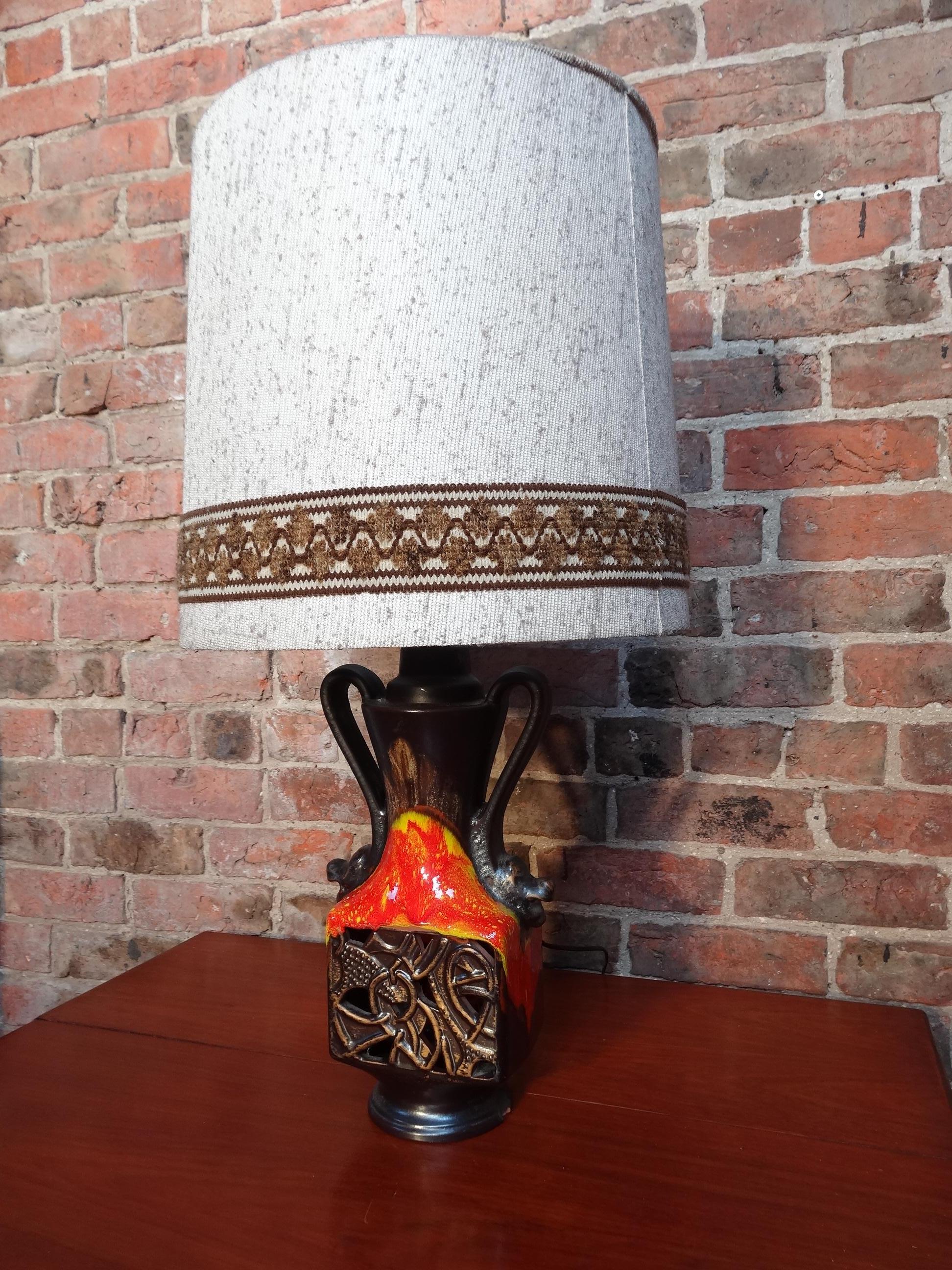 Mid-Century Modern West German Pottery Vintage Orange Ceramic Light Base with Lampshade, 1960s For Sale