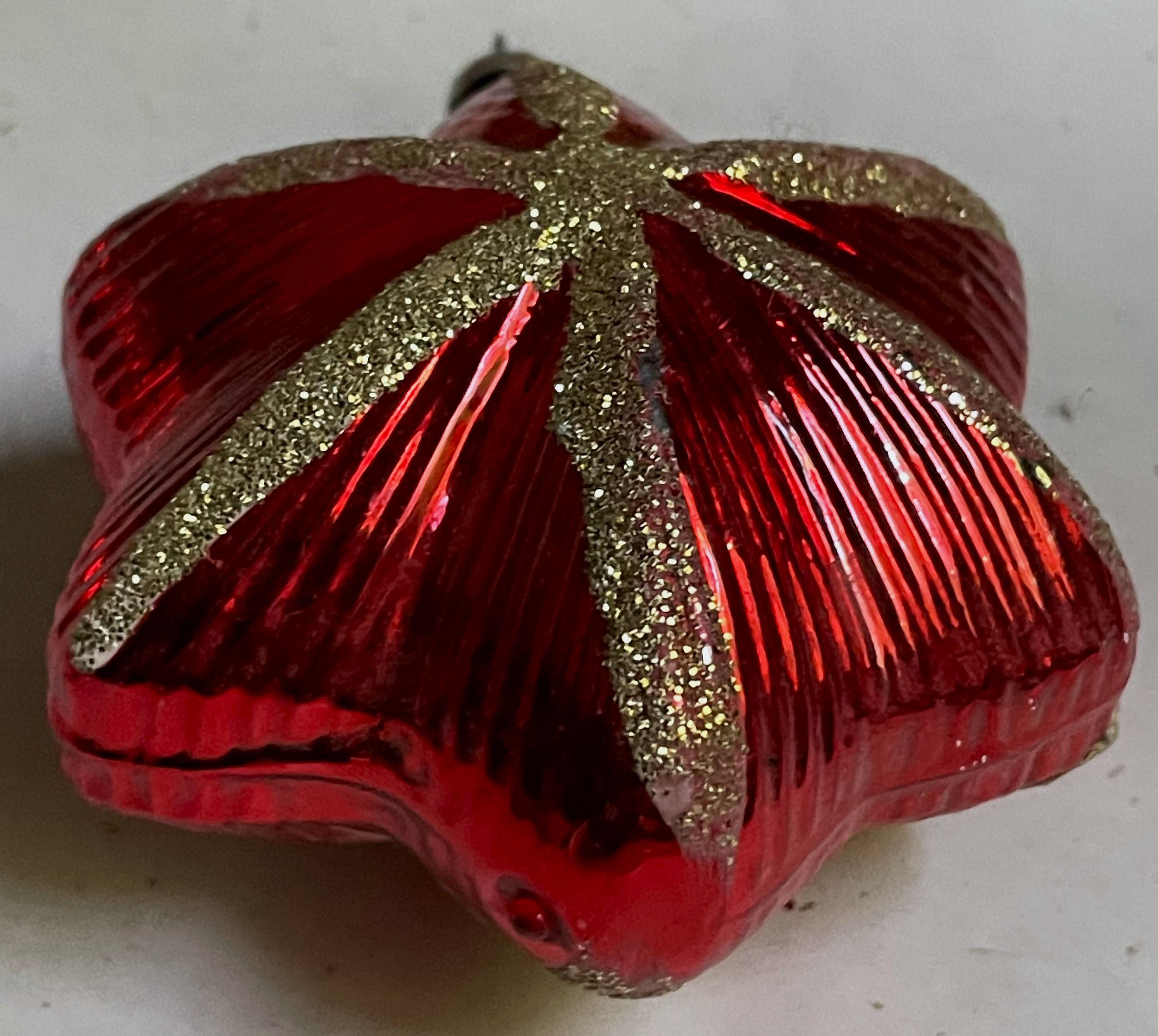 Mid-Century Modern West German Red Mercury Glass Bulbous Star Gold Glitter Christmas Tree Ornament