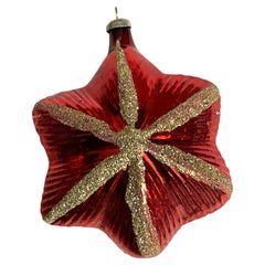Westdeutscher roter Quecksilberglas, bauchiger Stern, goldener Glitter, Weihnachtsbaum, Ornament