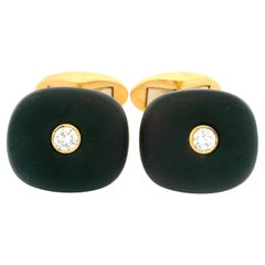Boutons de manchette coussin en or 18 carats, diamant 0,30 carat et pierre dure noire mate, Allemagne de l'Ouest