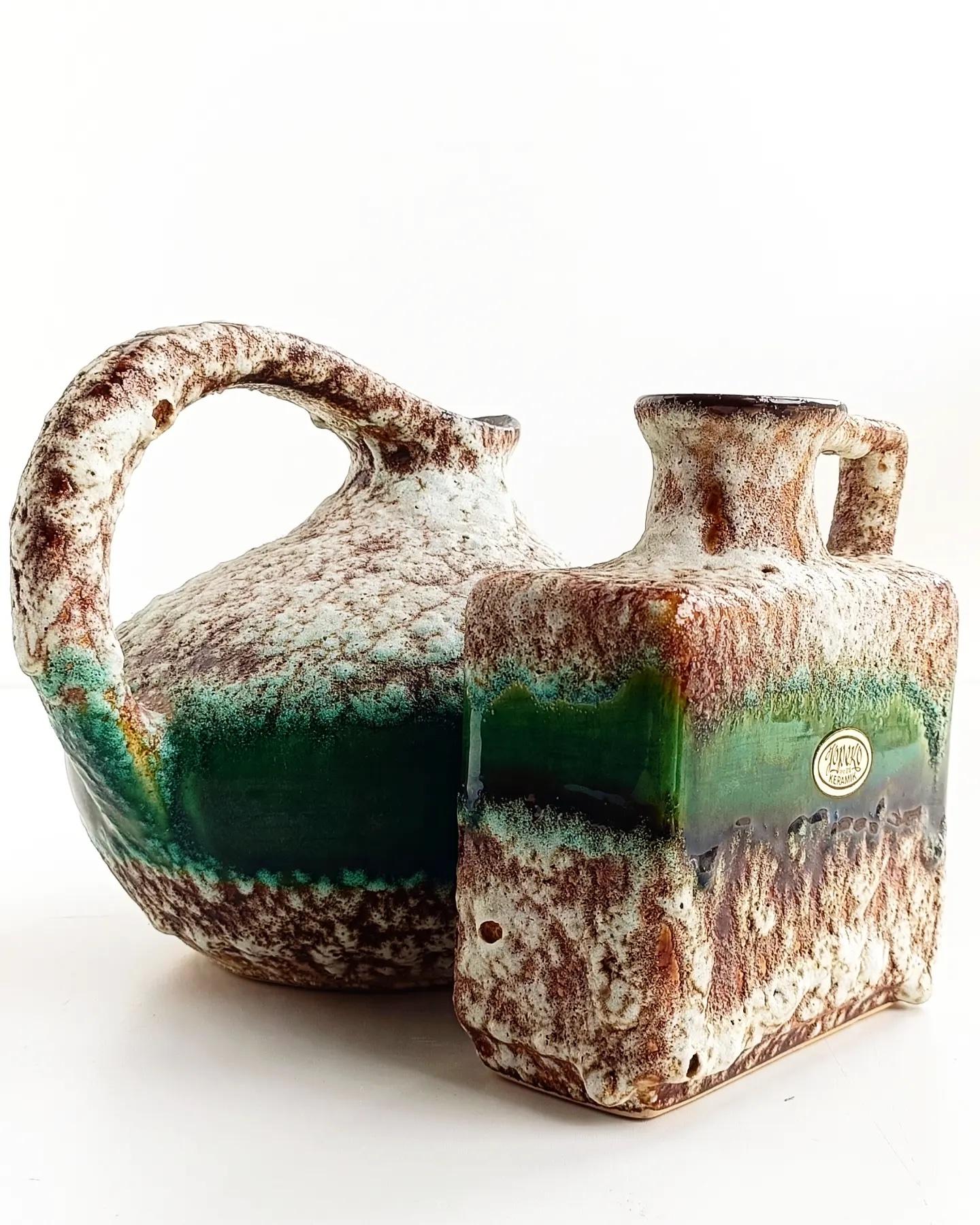 Glazed Vintage Mid Century West German Ceramic Vases by Prag Grün for Jopeko, 1960s For Sale