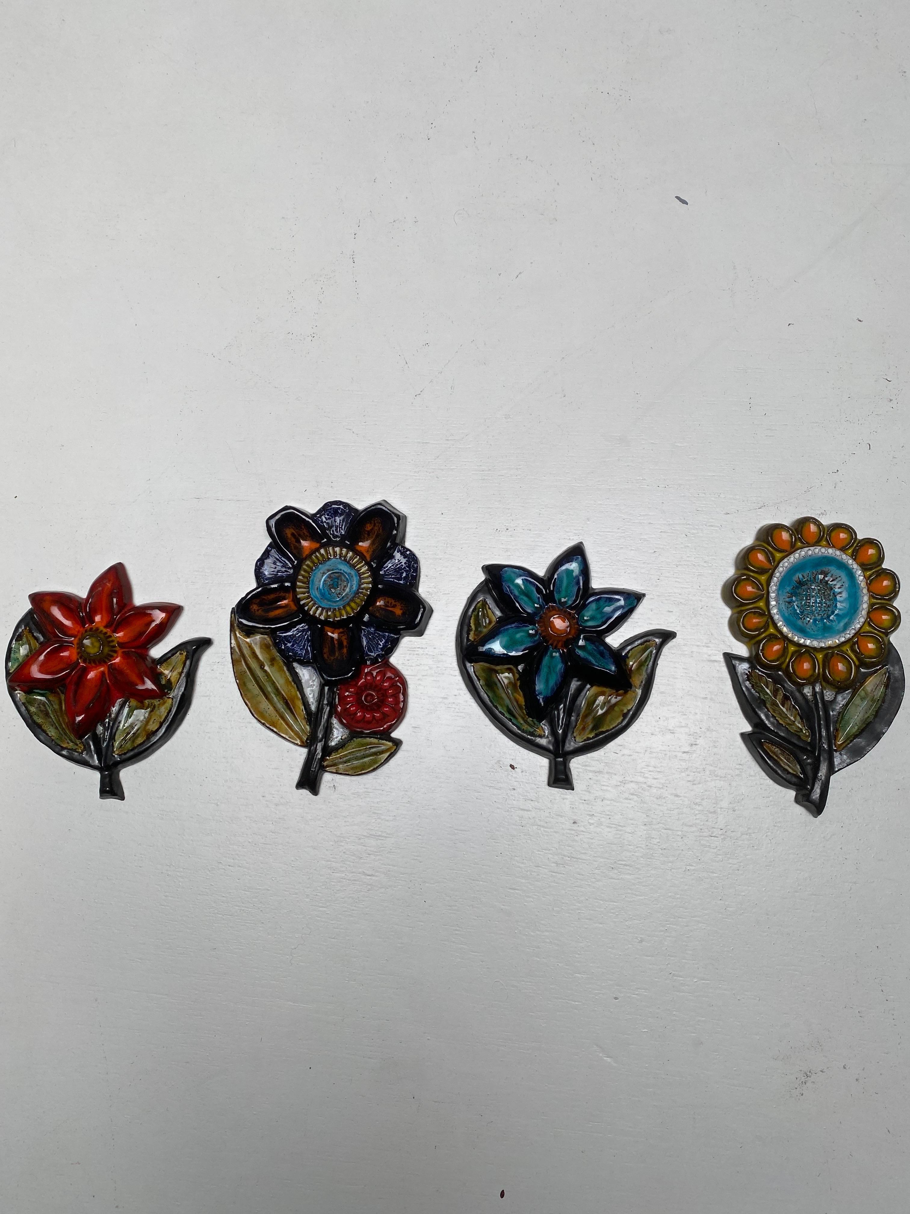 Glazed West Germany Ceramic Wall Hanging Set of Four Flowers For Sale
