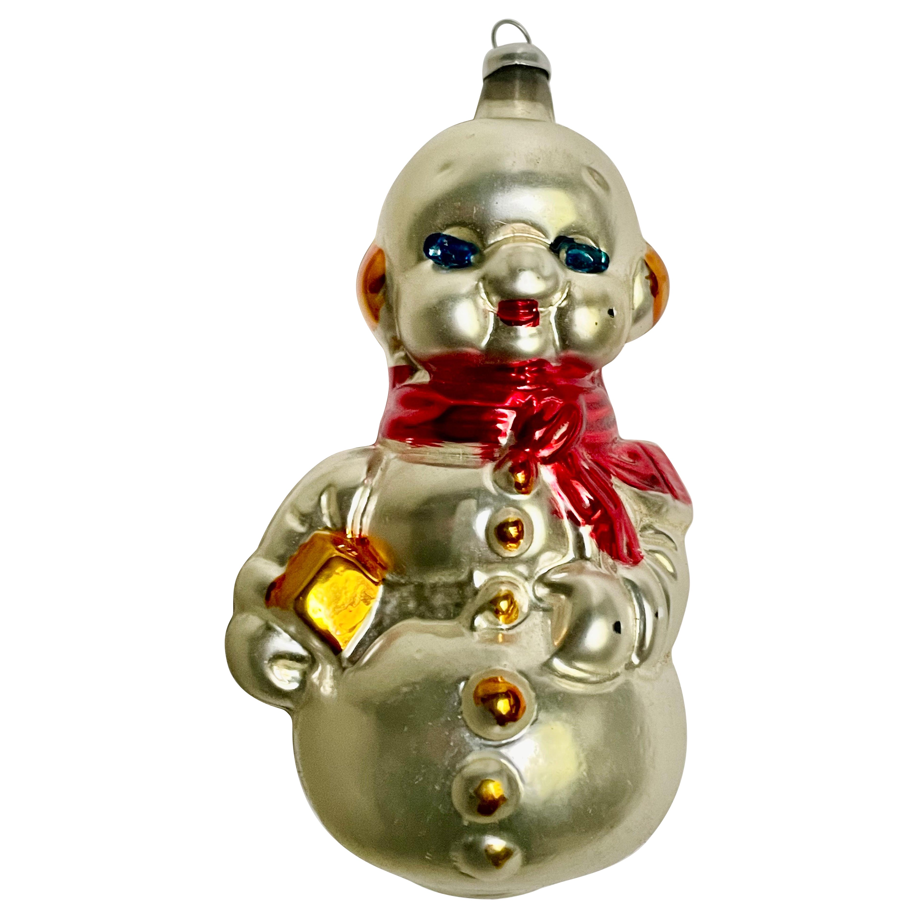 Germania Ovest: pupazzo di neve in vetro al mercurio soffiato a mano, ornamento per albero di Natale con sciarpa rossa