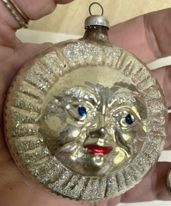 West Germany Moon Face Blown Silver Mercury Glass Round Christmas Tree Ornament