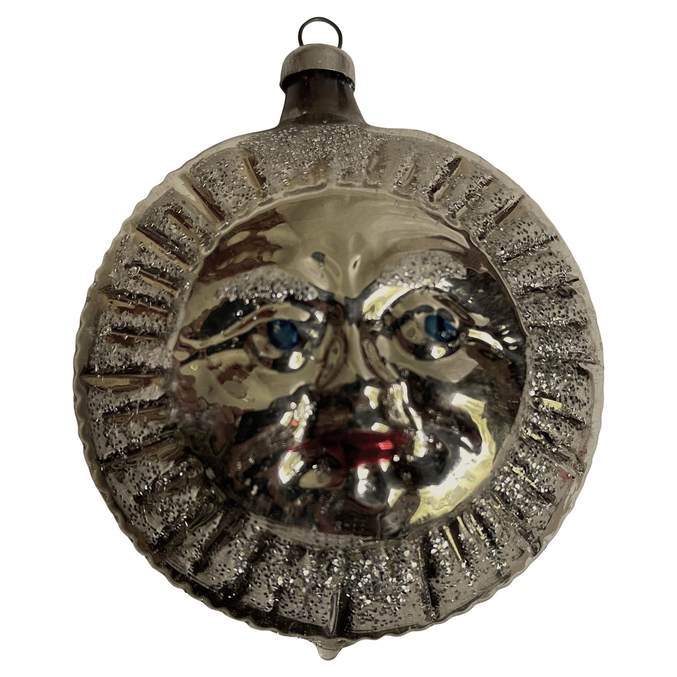 West Germany Moon Face Blown Silver Mercury Glass Round Christmas Tree Ornament