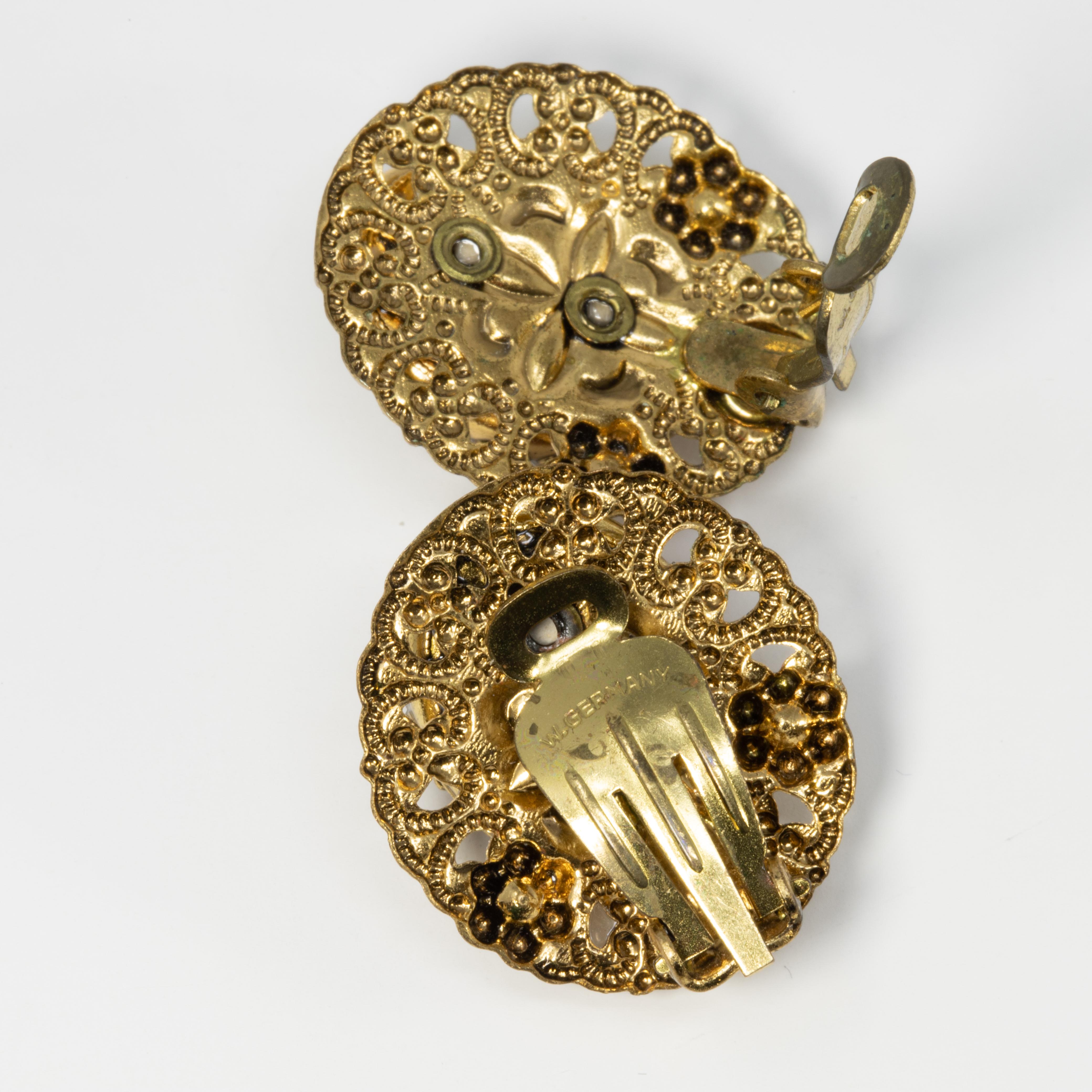 Women's West Germany Red Glass Cameo Brooch and Clip On Earrings, Faux Pearls, Goldtone