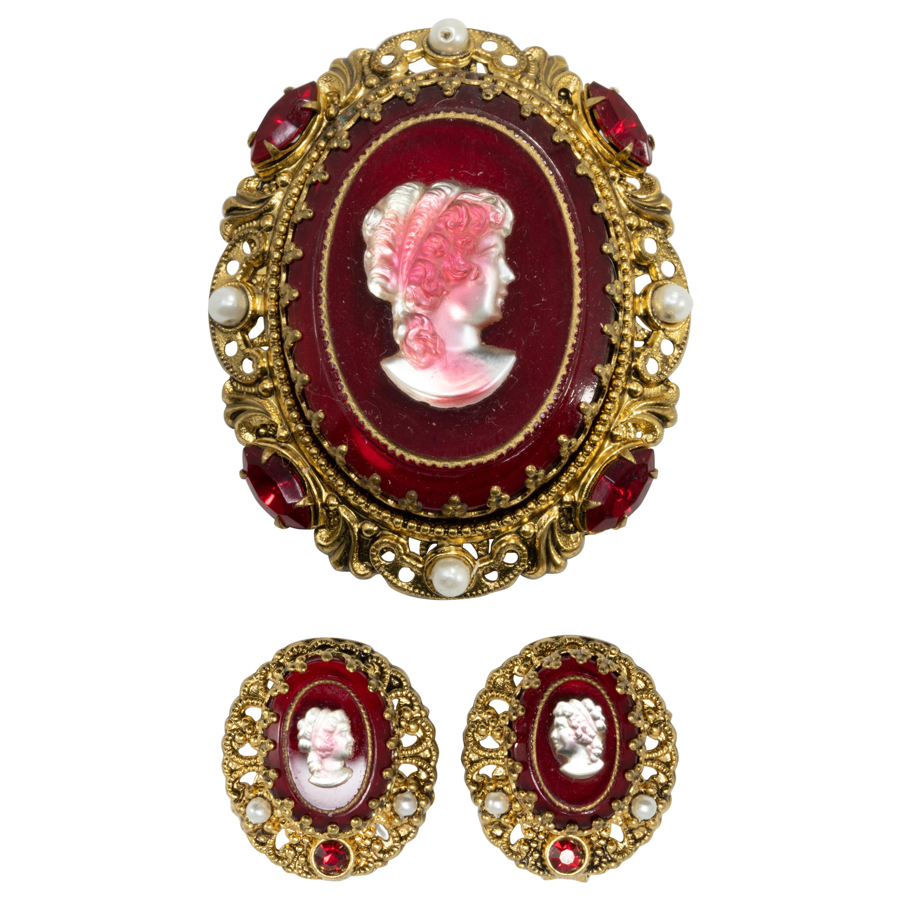 West Germany Red Glass Cameo Brooch and Clip On Earrings, Faux Pearls,  Goldtone at 1stDibs