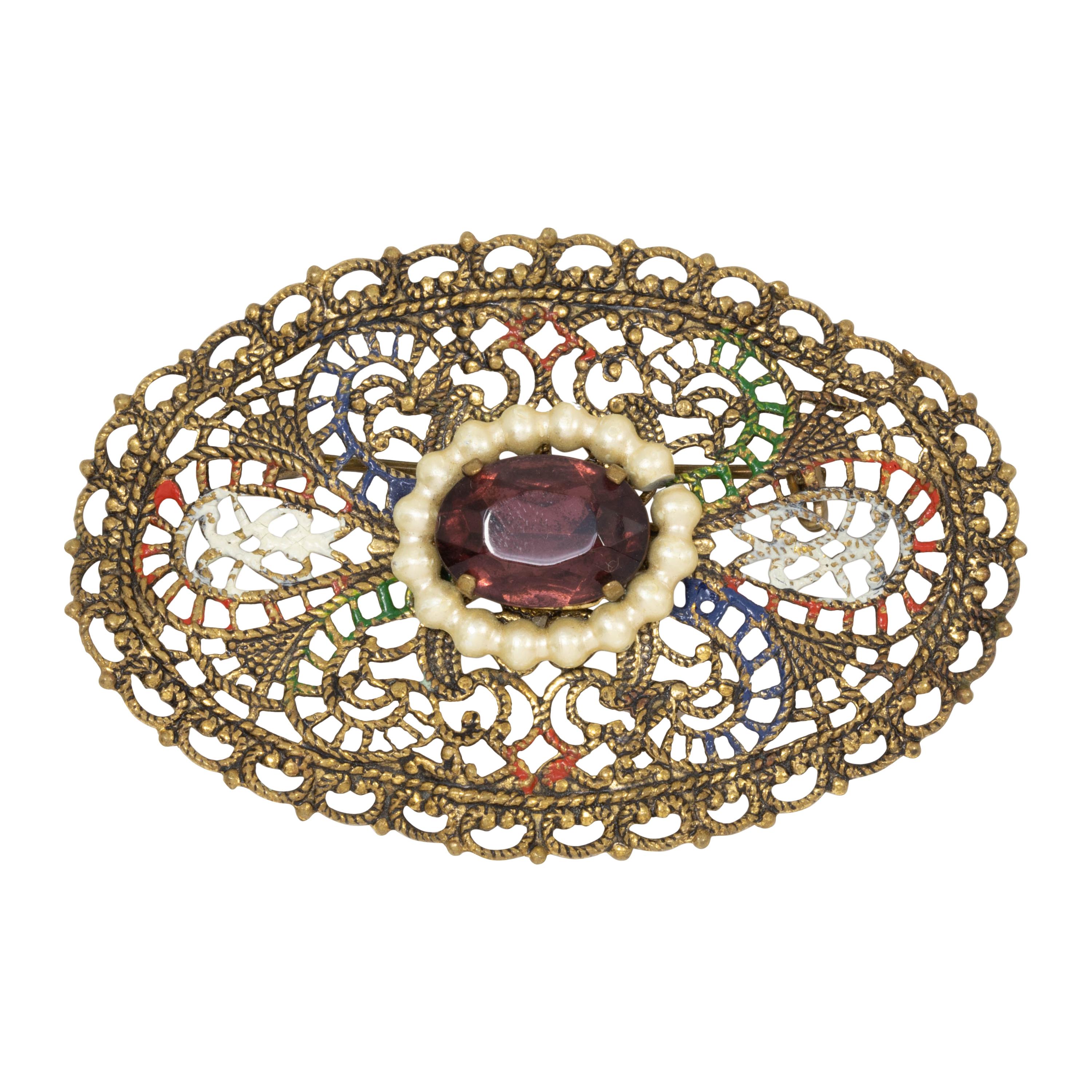 Broche filigrane en cristal d'améthyste et fausse perle de style victorien d'Allemagne de l'Ouest en vente