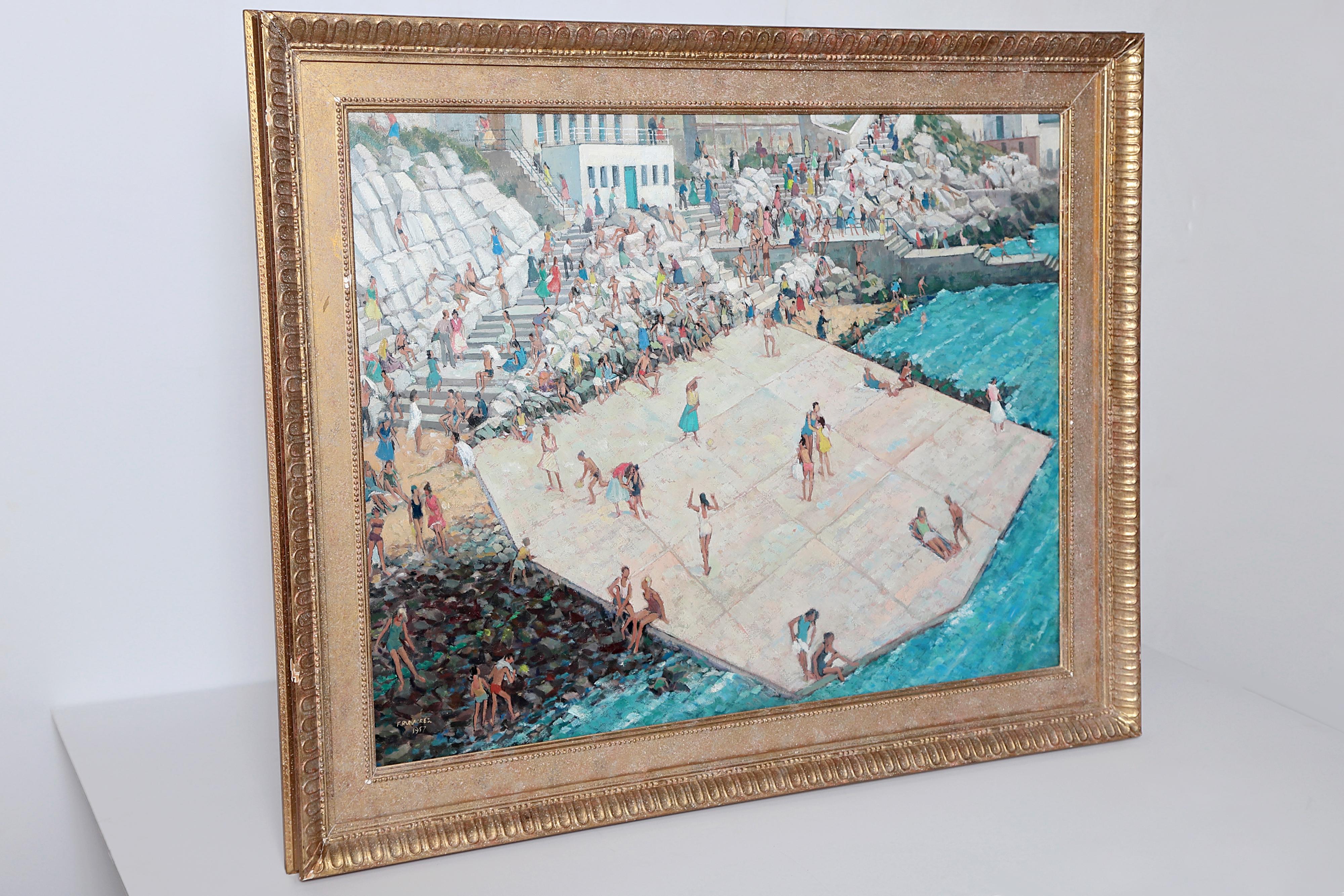 Bathers on West Hoe Beach, Plymouth by English artist Frank Runacres (1904-1974) ARCA (Associate of the Royal College of Art) and NEAC (New English Art Club), signed and dated lower left, framed, some minor losses to frame

Image size: 28.5