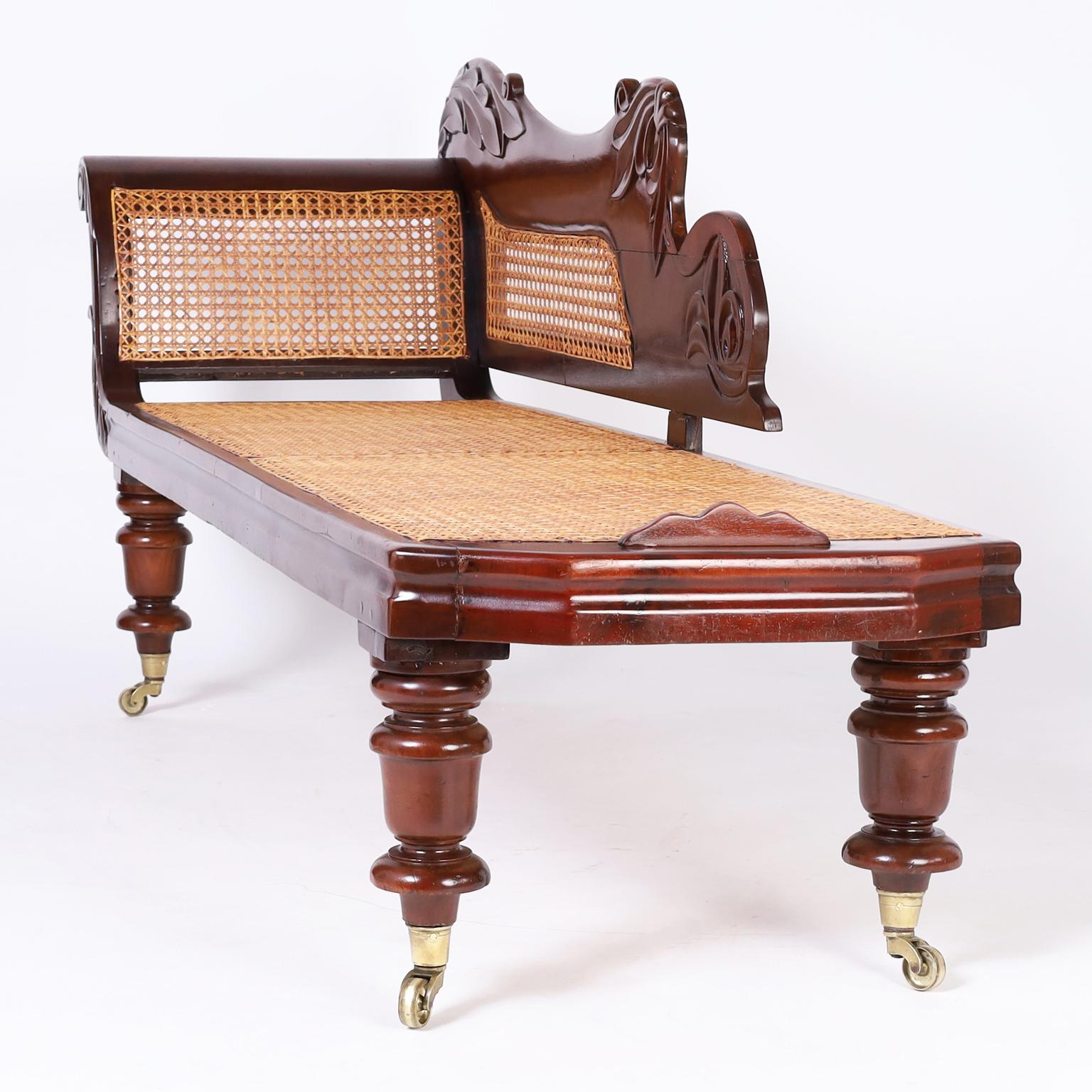 British Colonial West Indies Carved and Caned Daybed or Chaise Lounge For Sale