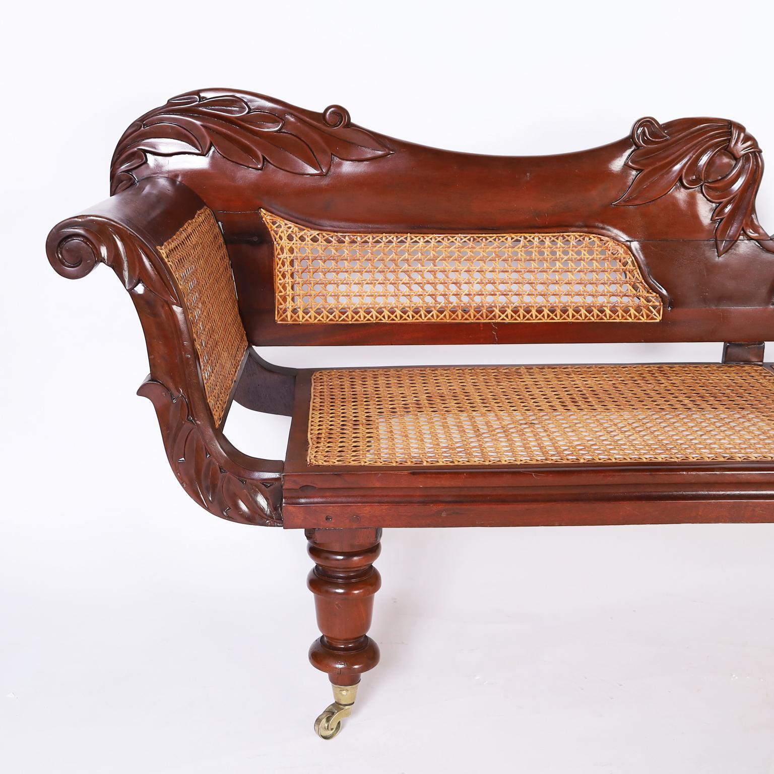 Bajan West Indies Carved and Caned Daybed or Chaise Lounge For Sale
