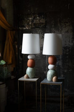 West Lamp Pair, Contemporary Handmade Ceramic Glazed, White, Green, Red Clay