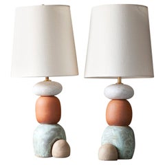 Paire de lampes West, Contemporary Handmade Ceramic Glazed, White, Green, Red Clay