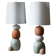 West Lamp Pair, Contemporary Handmade Ceramic Glazed, White, Green, Red Clay