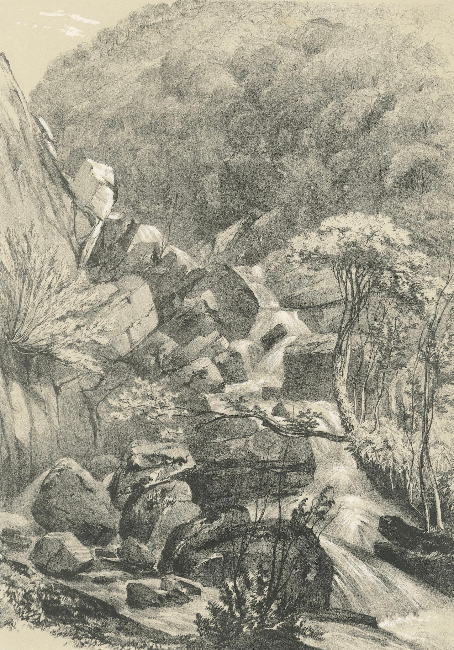 West Lyn Waterfall at Lynmouth Devon, Romantic English Landscape Lithograph 1821
